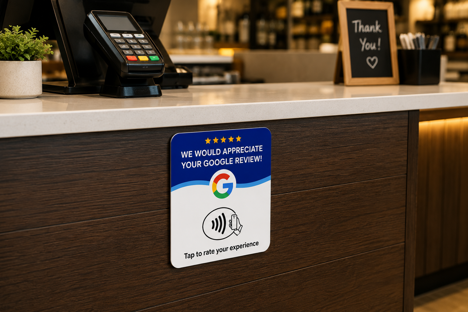A TapReview NFC review sign adhered to a business checkout counter