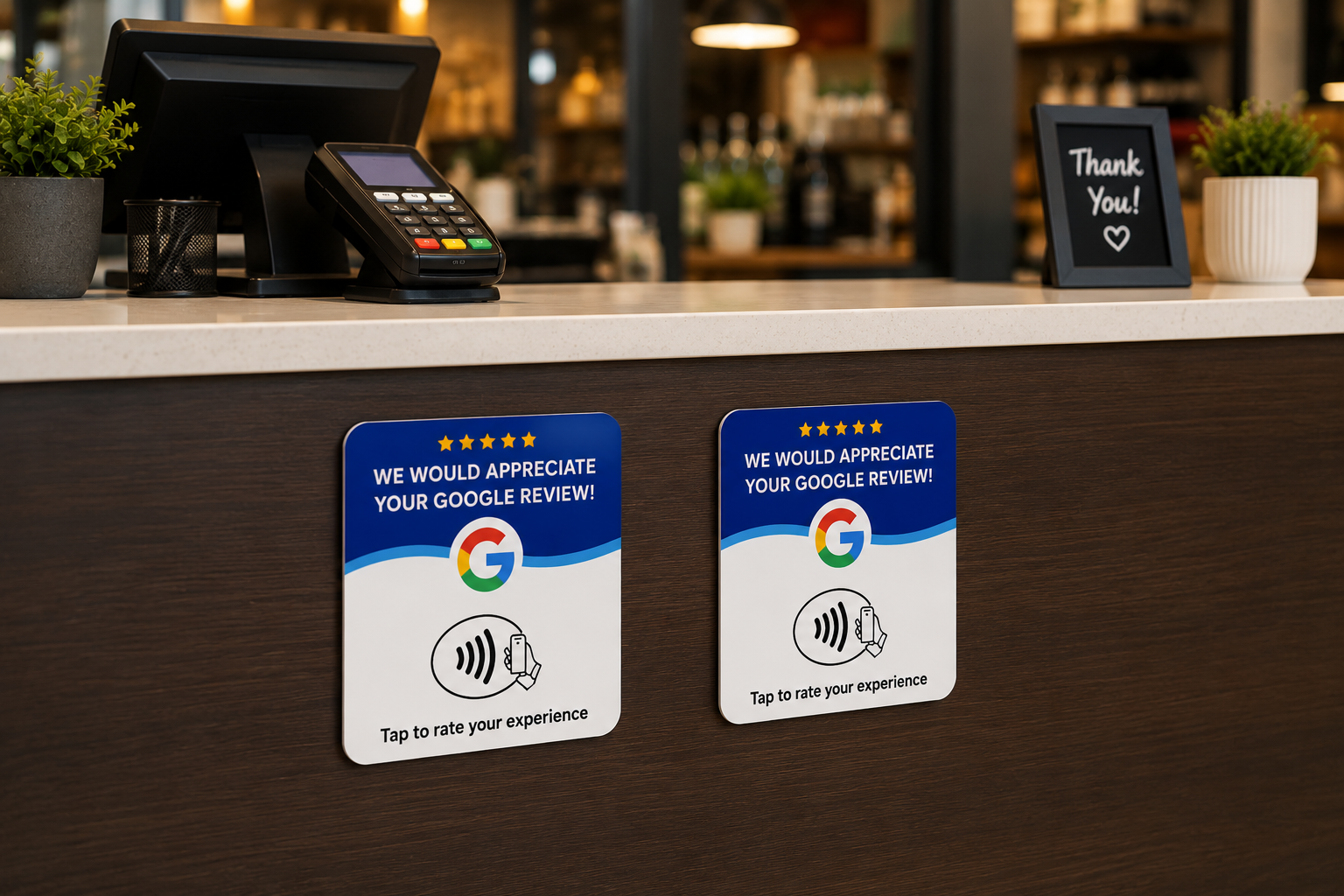 Two TapReview NFC review signs adhered to a business reception desk