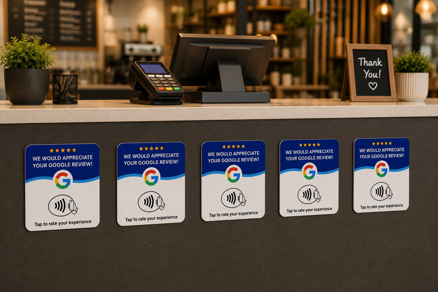 Five TapReview NFC review signs adhered across a retail front counter